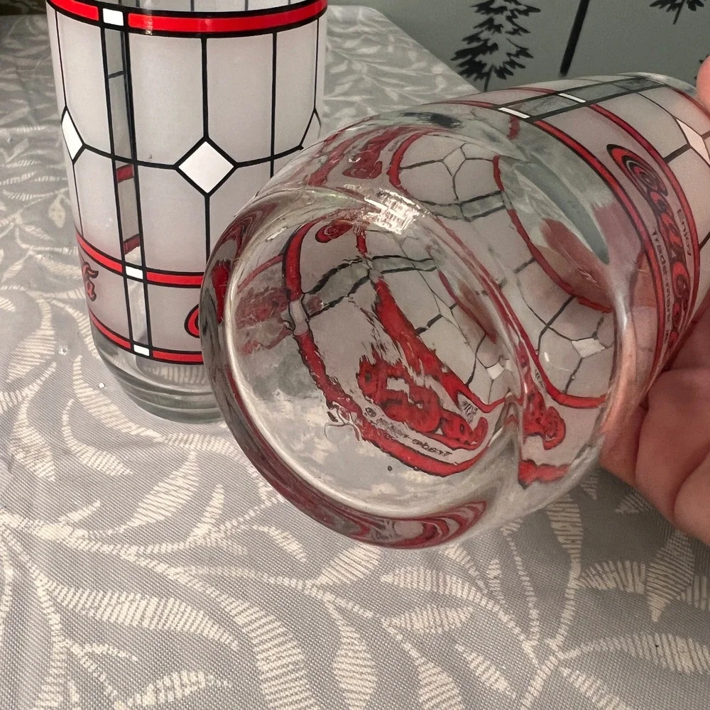 Vtg Coca-Cola Stained Glass Style Drinking Glasses Set of 2 Frosted Red White